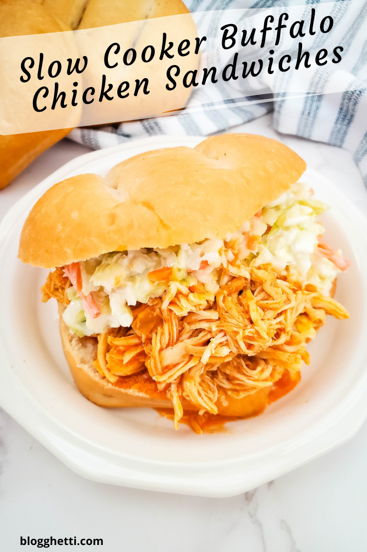 slow cooker buffalo chicken sandwiches image with text overlay
