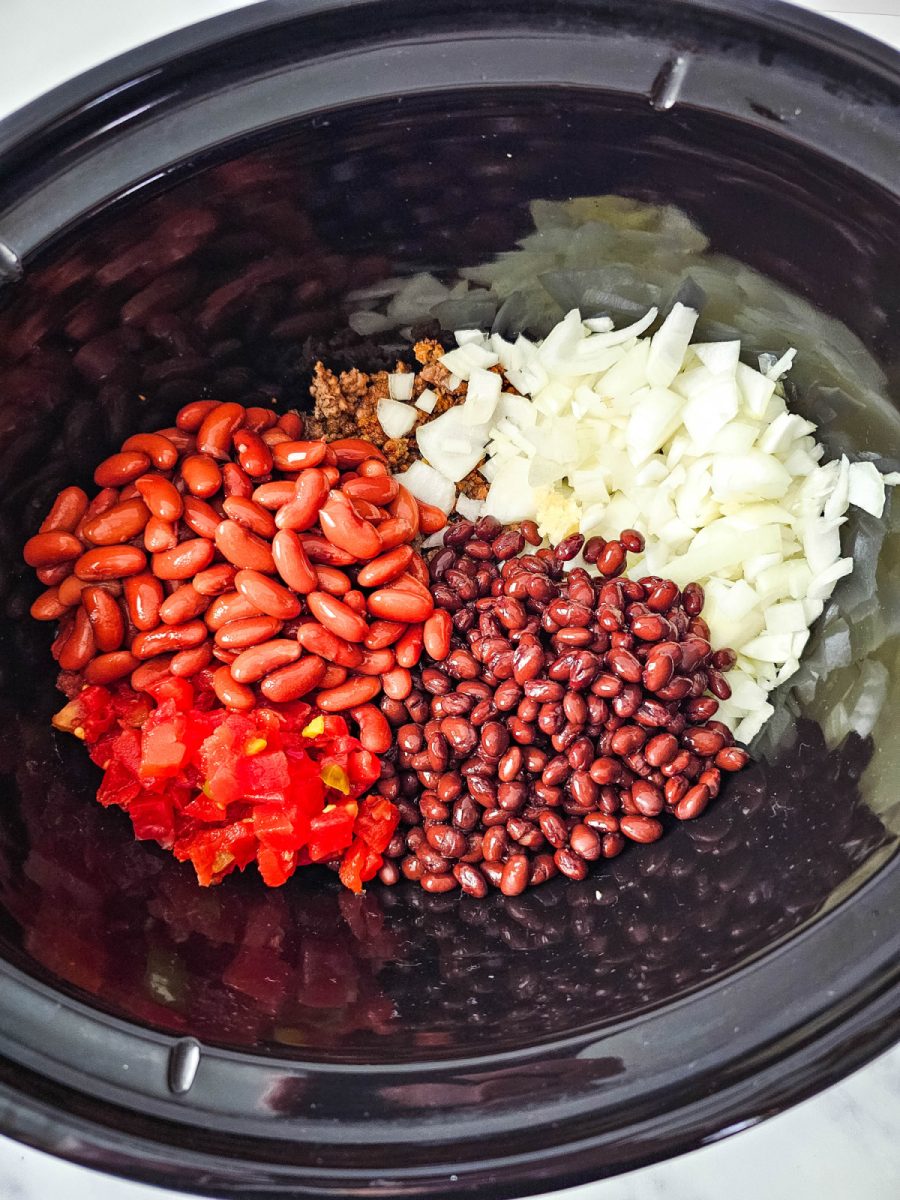 add beans and rotel tomatoes to slow cooker