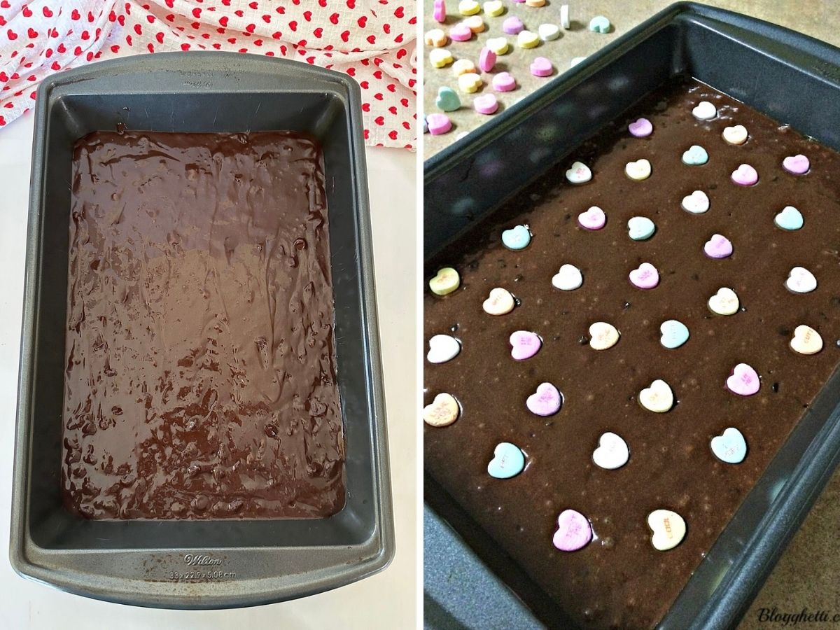 A two-paneled image showing the process of decorating unbaked chocolate treats. The left side shows smooth, dark cocoa batter spread in a pan. The right side shows the same pan with colorful pastel conversation hearts neatly arranged in rows across the surface of the fudgy base.