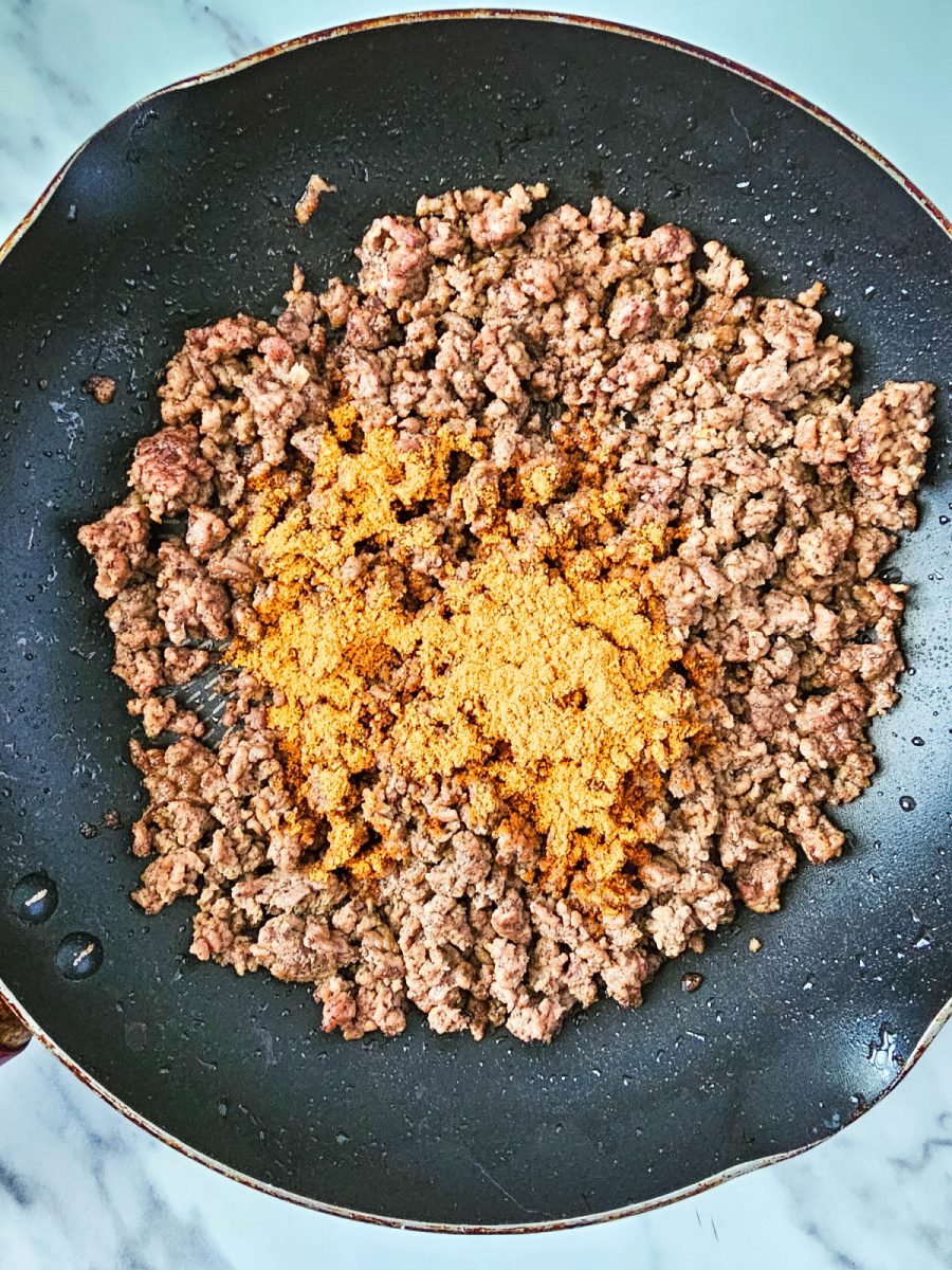 brown ground beef and add taco seasoning