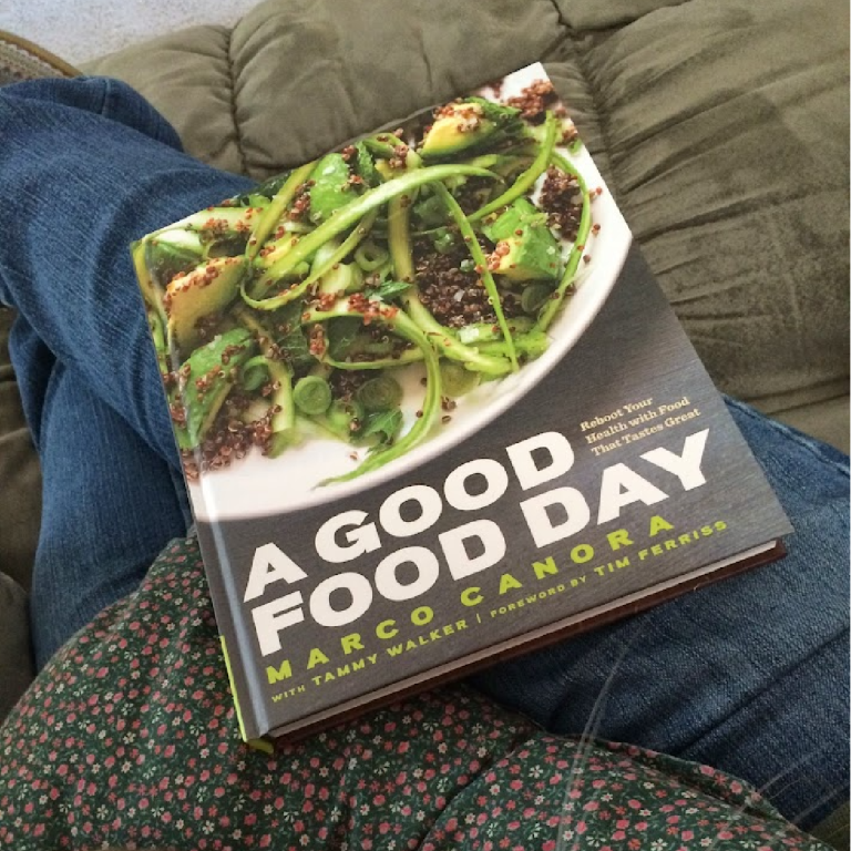 A Good Food Day cookbook by Marco Canora. The book cover shows a colorful salad on a white plate.