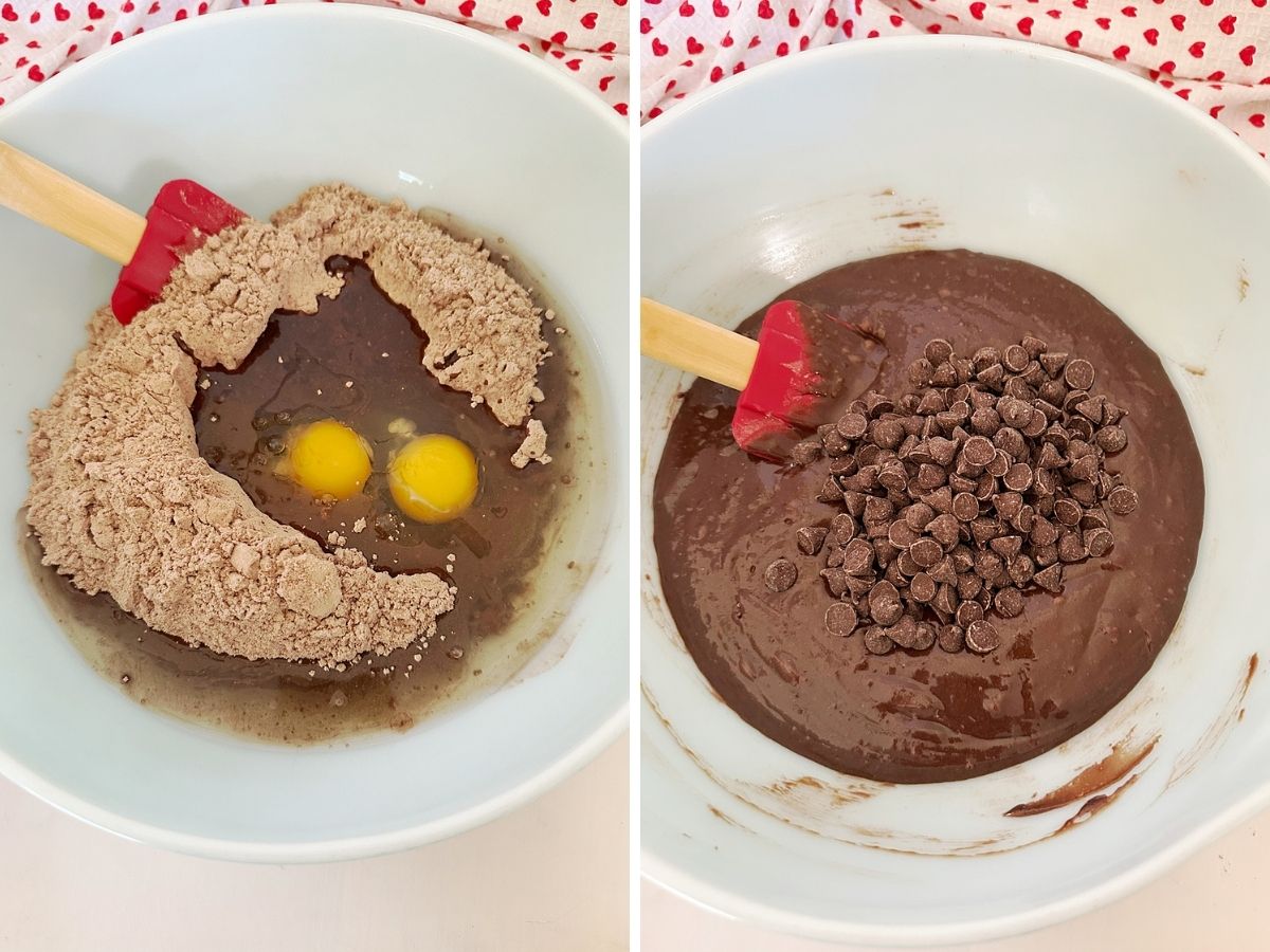A two-paneled image showing the preparation of chewy cocoa bars. The left panel shows dry mix, eggs, and liquids being stirred. The right panel shows the smooth handheld sweet mixture with a pile of semi-sweet chocolate chips ready to be folded in.