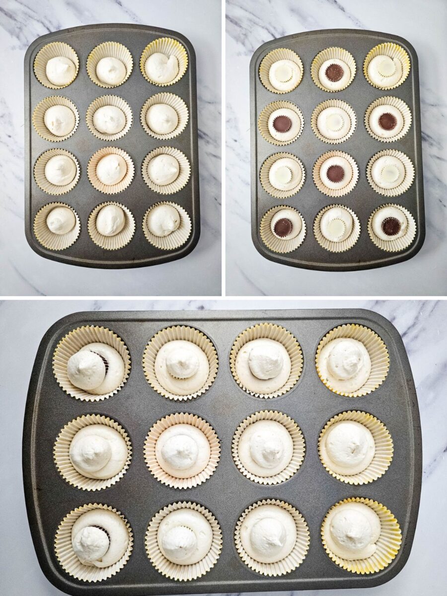 Three photos show cupcake liners filled with vanilla batter, topped with mini peanut butter cups, and covered with additional batter before baking.