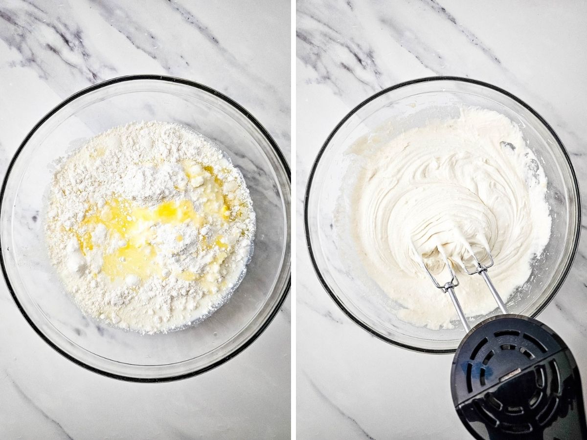 Two photos show the cupcake batter ingredients before mixing and the smooth vanilla batter after beating with a hand mixer.