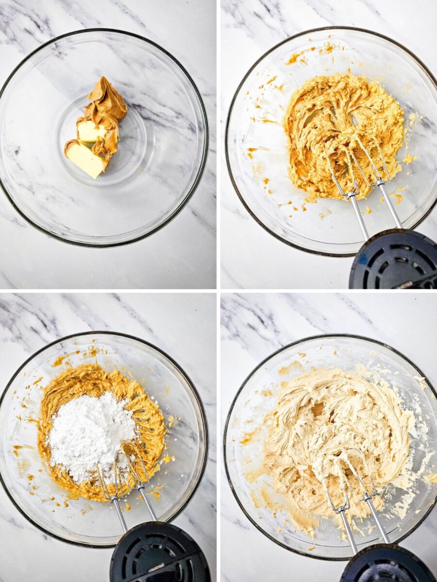 Four photos show butter and peanut butter being beaten together, powdered sugar being added, and the finished pale peanut butter frosting.