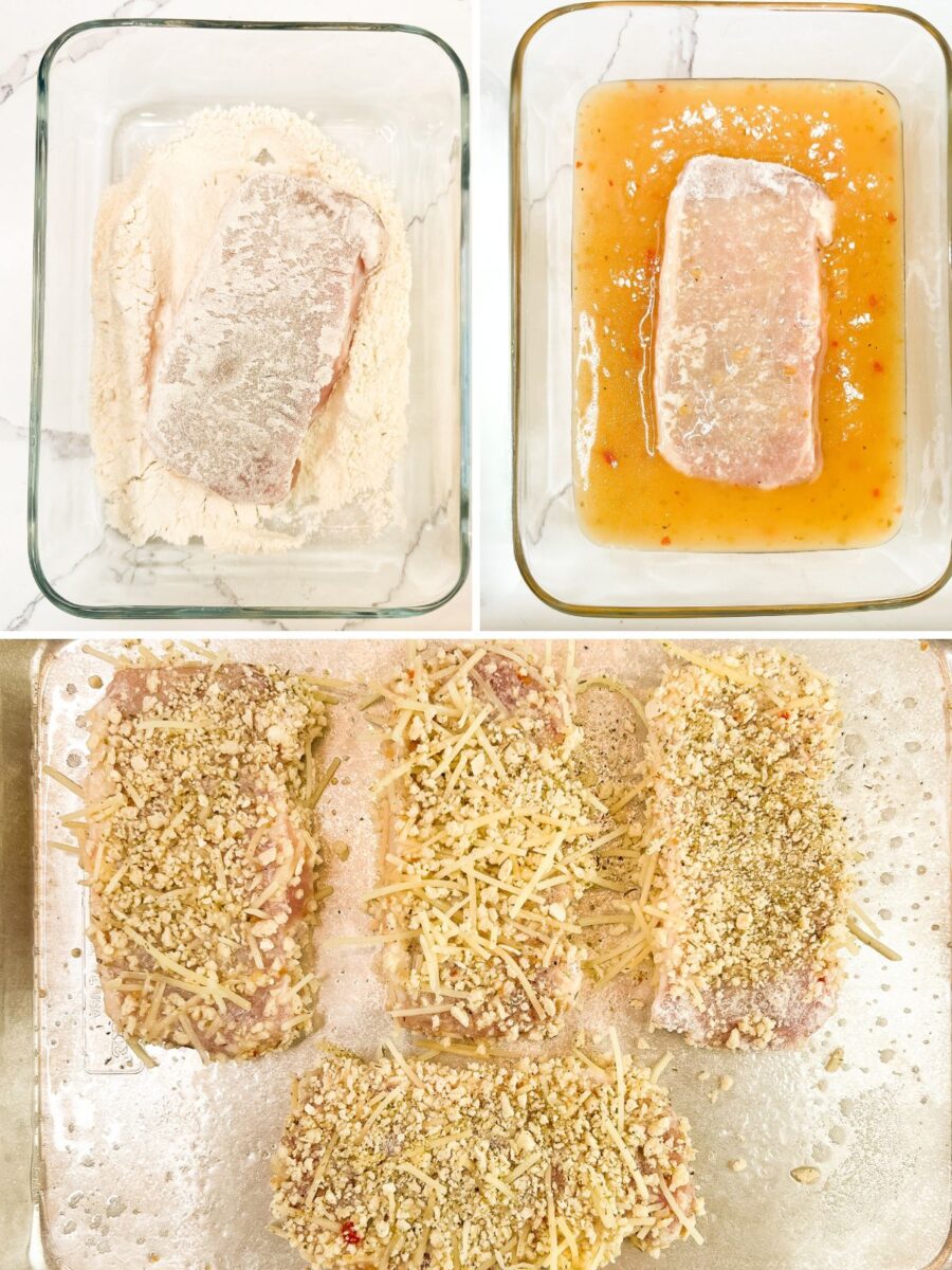Breading boneless pork chops by coating them in flour, Italian dressing, and a seasoned breadcrumb mixture before baking.