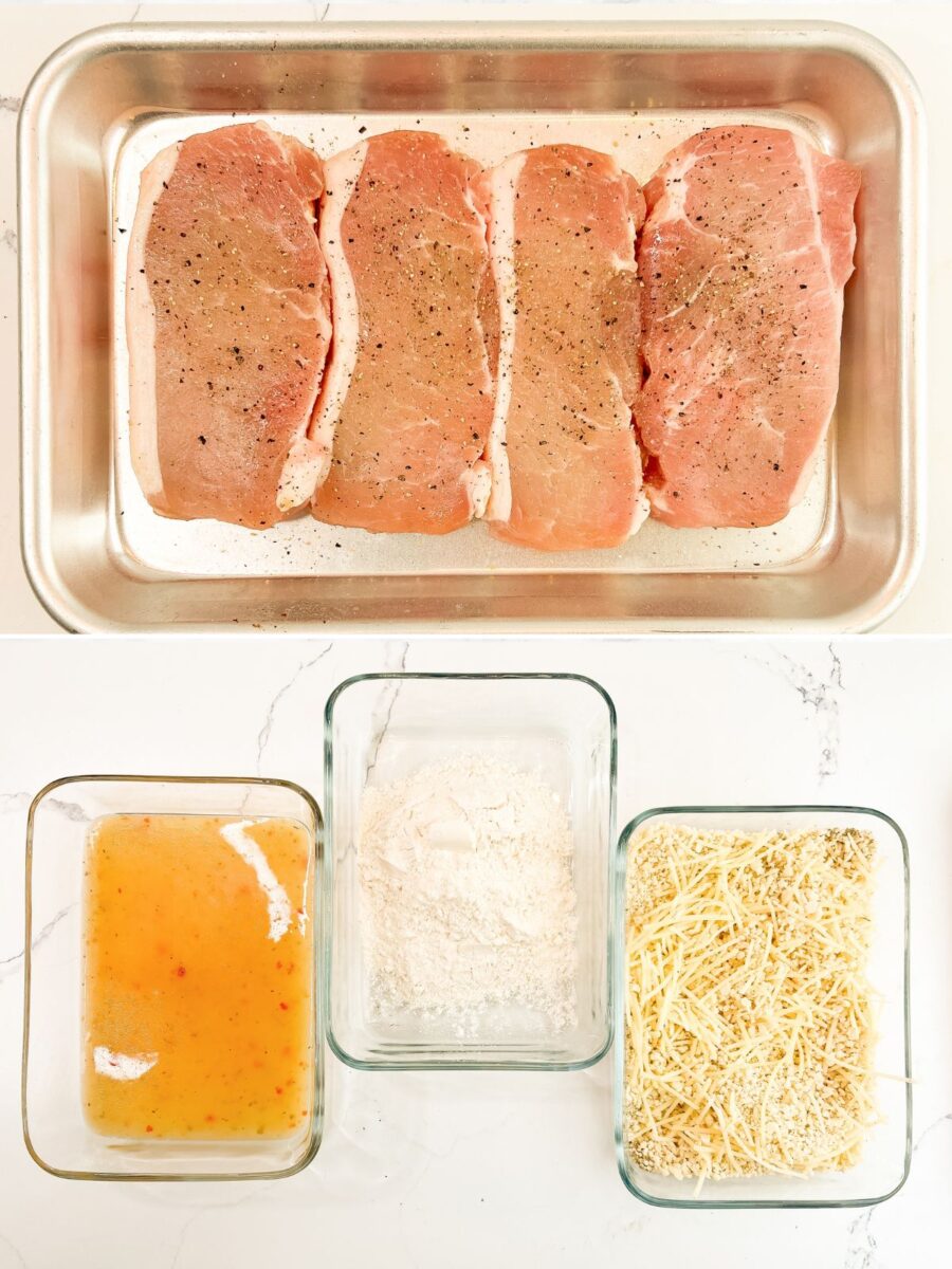 Seasoned boneless pork chops with the breading station set up using flour, Italian dressing, and a seasoned breadcrumb coating.