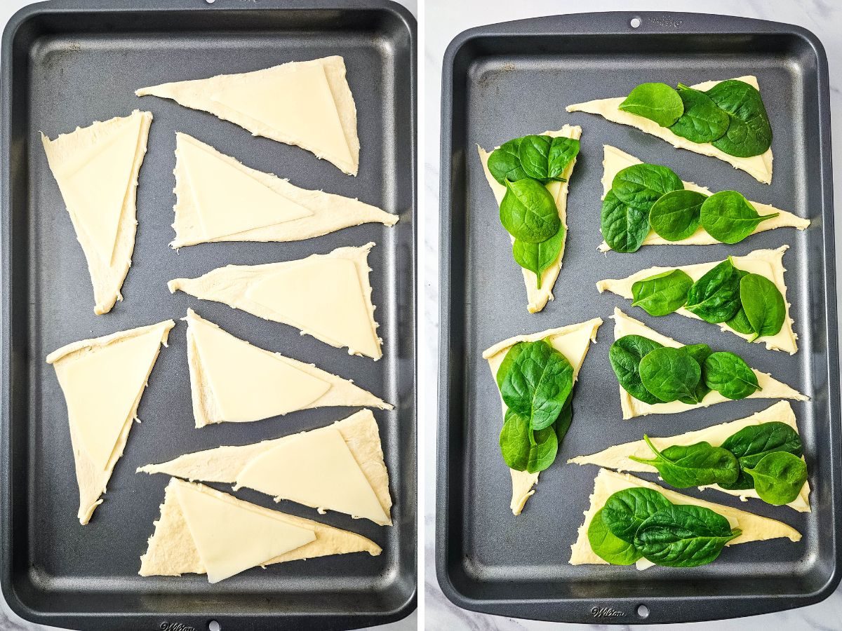 An overhead view of a baking sheet with unrolled crescent triangles. The image is split, with the left side showing slices of mozzarella cheese placed on the dough and the right side showing spinach leaves layered on top of the cheese.