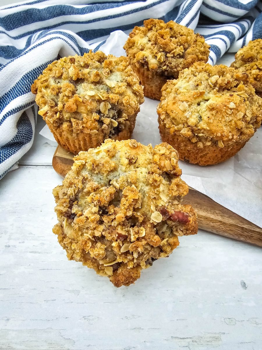 close up of crumb topping fruit muffins