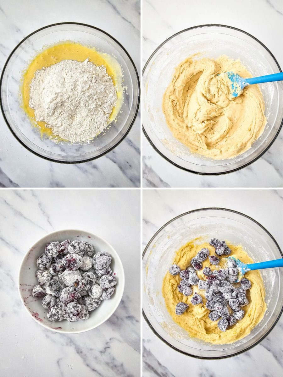 mixing the muffin batter in bowls