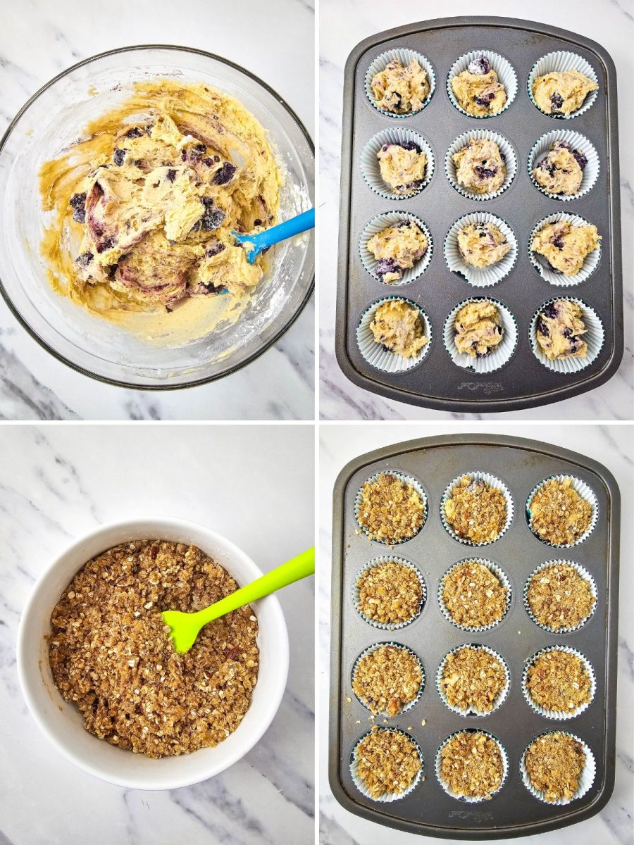 muffin batter in pan and topping with streusel