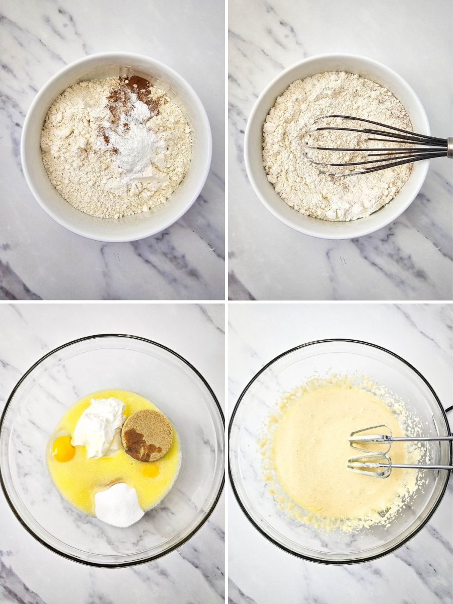 process mixing dry and wet ingredients in bowls