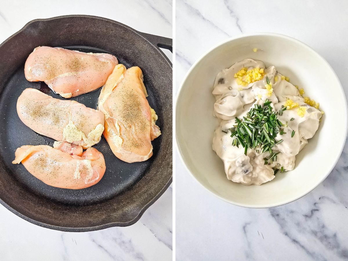 brown chicken in skillet and mix soup with herbs