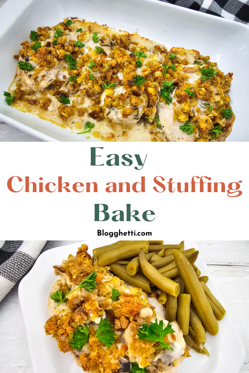 Two images of an Easy Chicken and Stuffing Bake. Top image shows the full casserole in a white dish, bottom image shows a plated serving with green beans