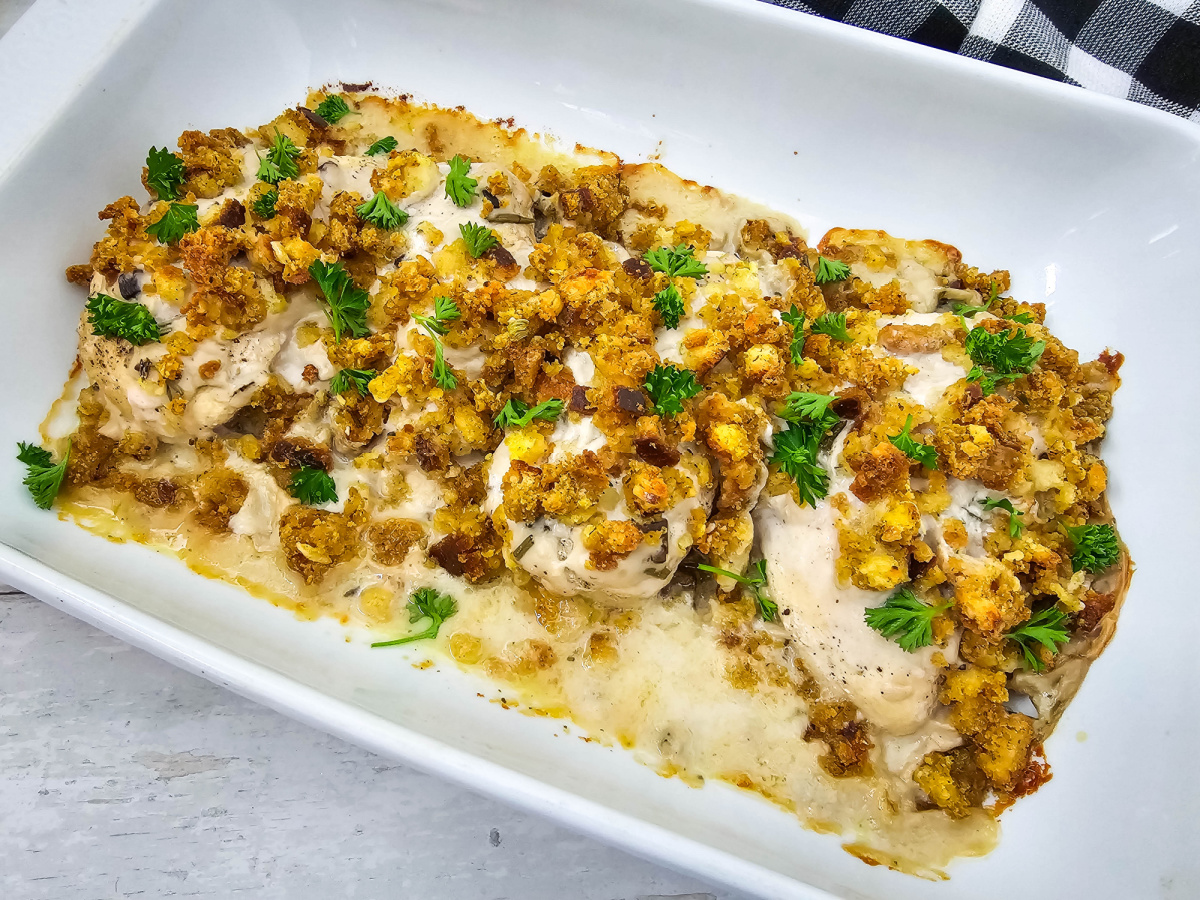 overhead view of chicken bake in casserole dish