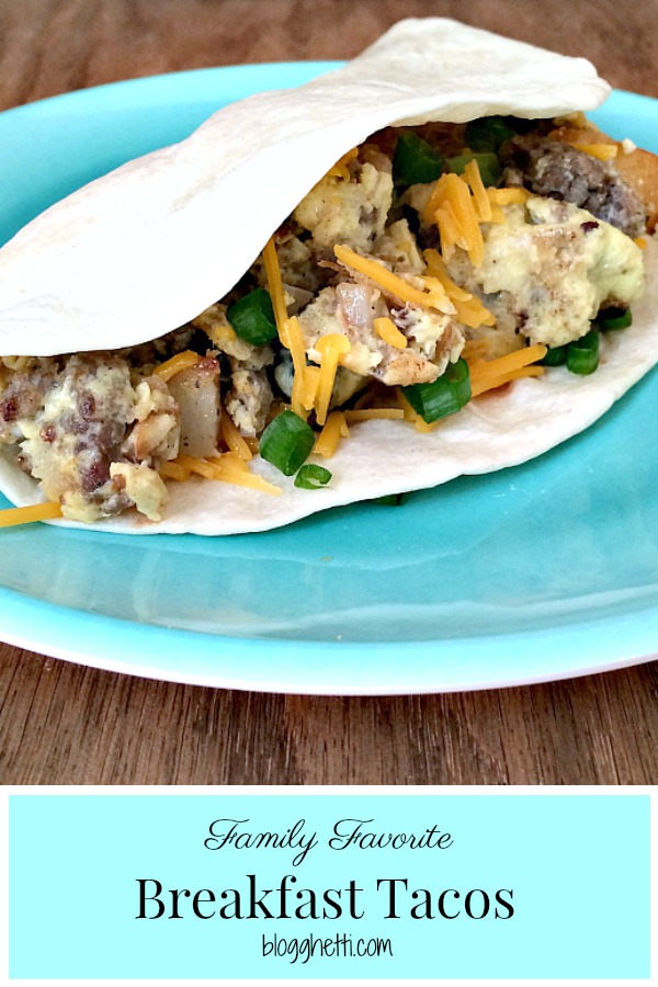 Start the day off right with these tasty and easy Breakfast Tacos. Filled with hash brown potatoes, sausage, eggs, and cheese this breakfast meal will quickly become a family favorite. #breakfast #tacos #eggs #sausage #potatoes 