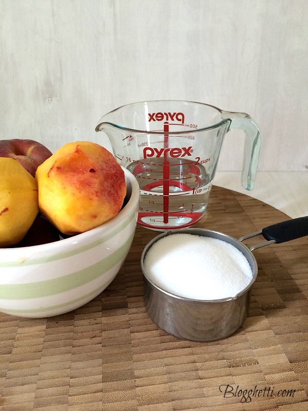 ingredients for making peach simple syrup: peaches, water, and sugar