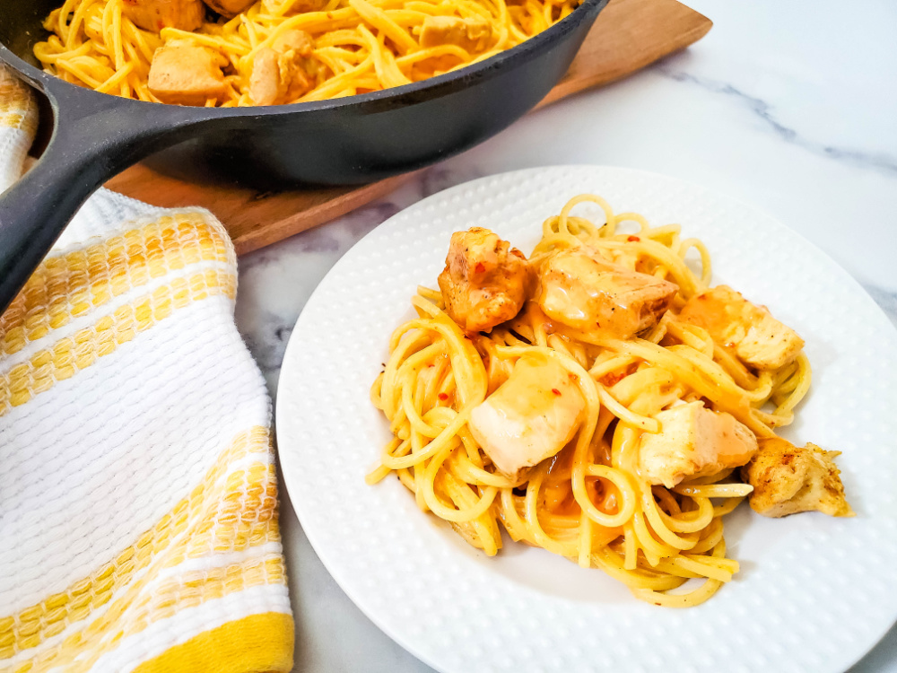 30 minute bang bang chicken pasta on plate