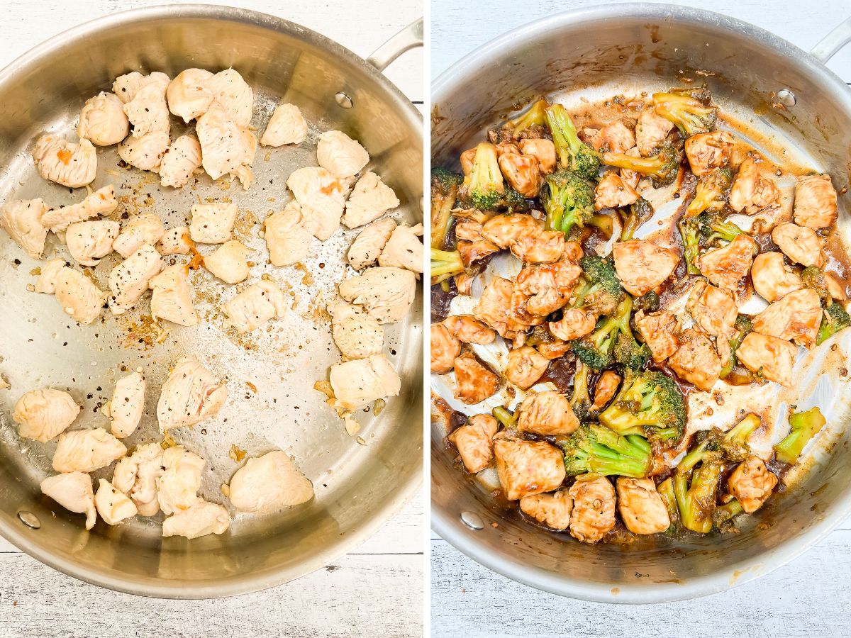 A split image showing the cooking process of chicken and broccoli in a skillet. The left side shows browned chicken pieces in a skillet, and the right side shows the cooked chicken and broccoli mixed with sauce in the same skillet.