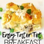 slice of Tator Tot breakfast casserole with sausage on a white plate.