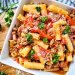 Spicy Sausage and Beef Rigatoni with Fire-Roasted Tomatoes with parm
