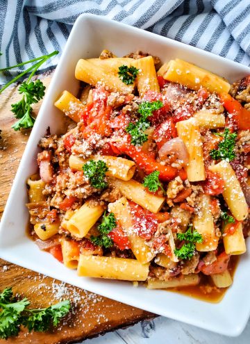 Spicy Sausage and Beef Rigatoni with Fire-Roasted Tomatoes with parm