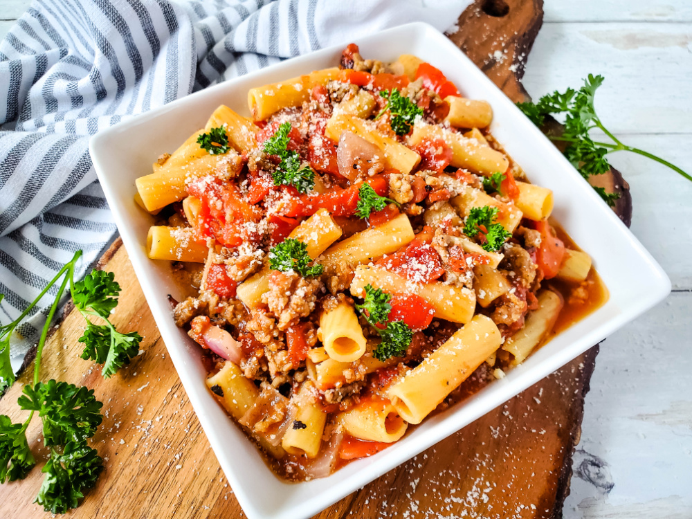 Spicy Sausage and Beef Rigatoni with Fire-Roasted Tomatoes