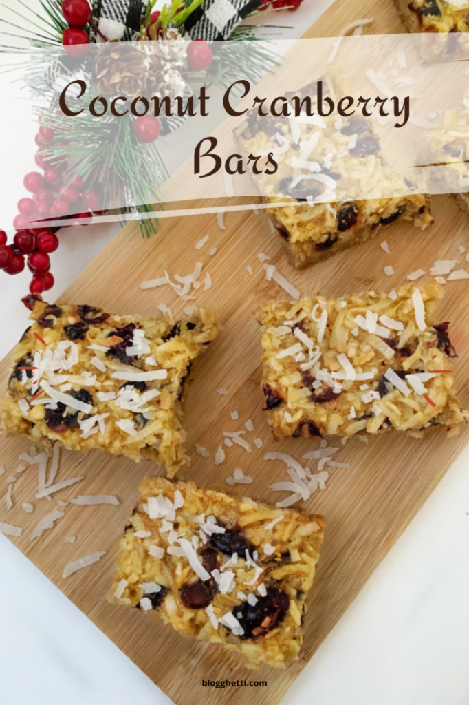 coconut and cranberry bars with shortbread crust image with text overlay
