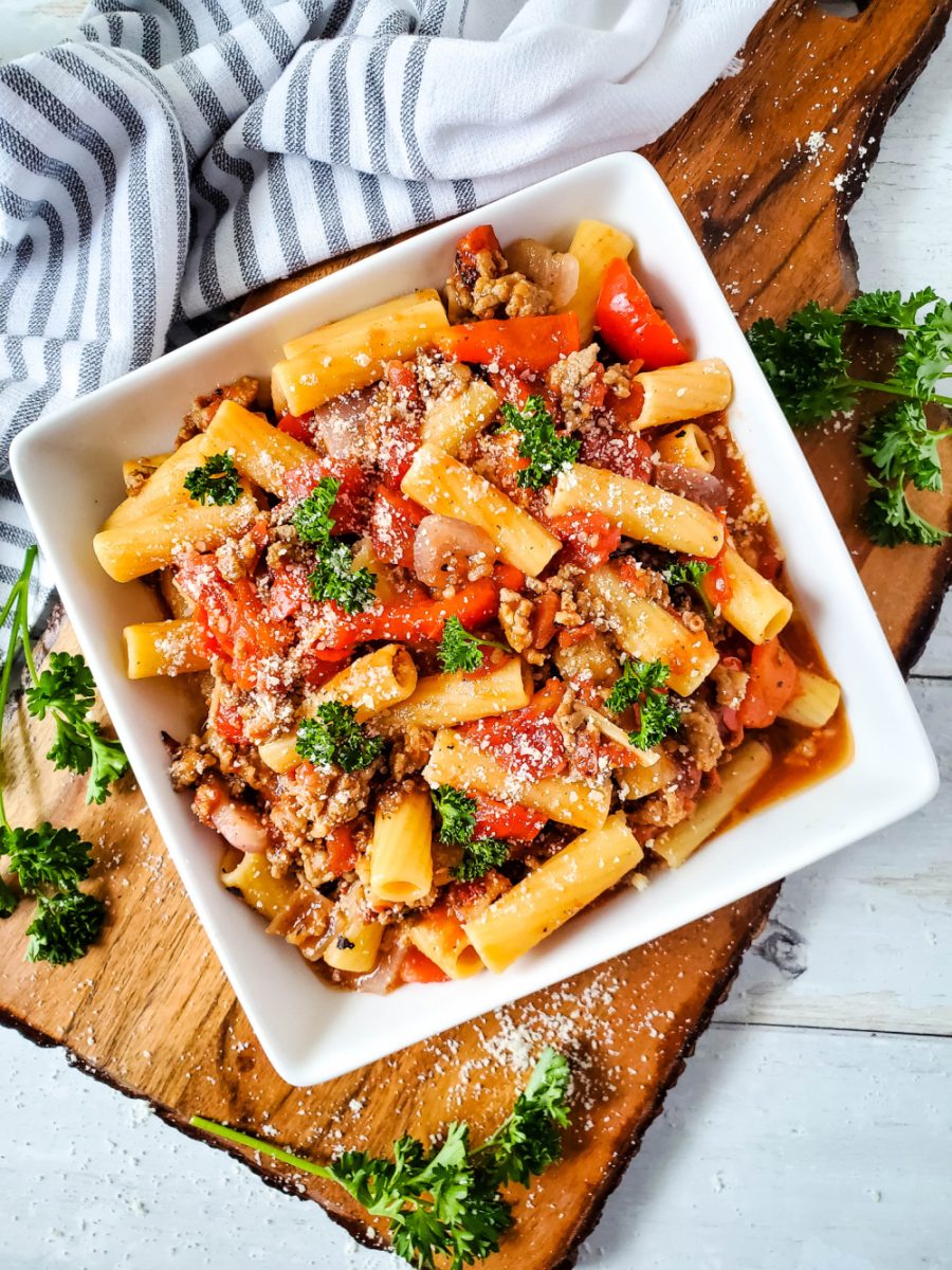 overhead shot of Spicy Sausage and Beef Rigatoni with Fire-Roasted Tomatoes