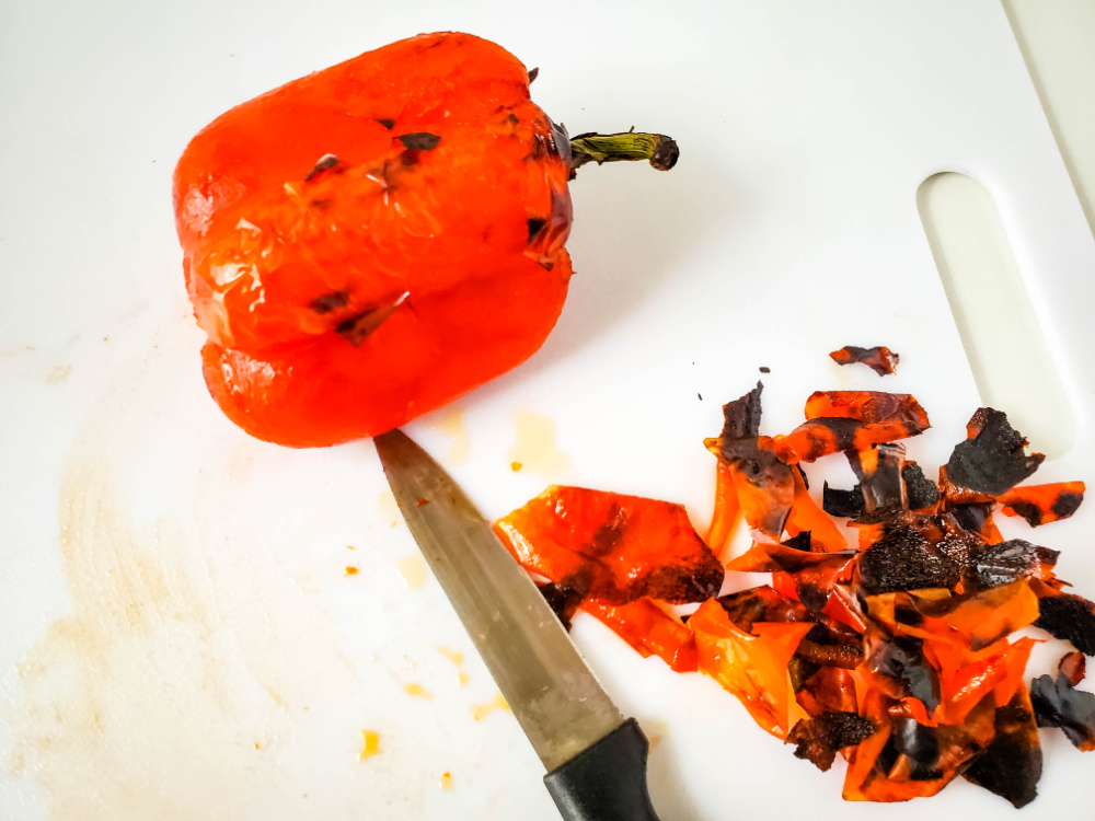 roasted red pepper on cutting board