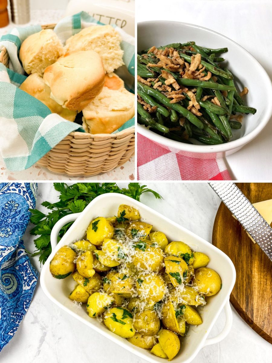 collage of three side dishes: rolls, green beans, and buttered baby potatoes
