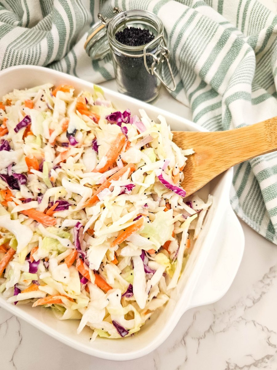 easy to make coleslaw served in white dish