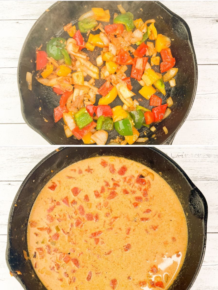 sauteing the veggies and cooking the pasta in cream sauce
