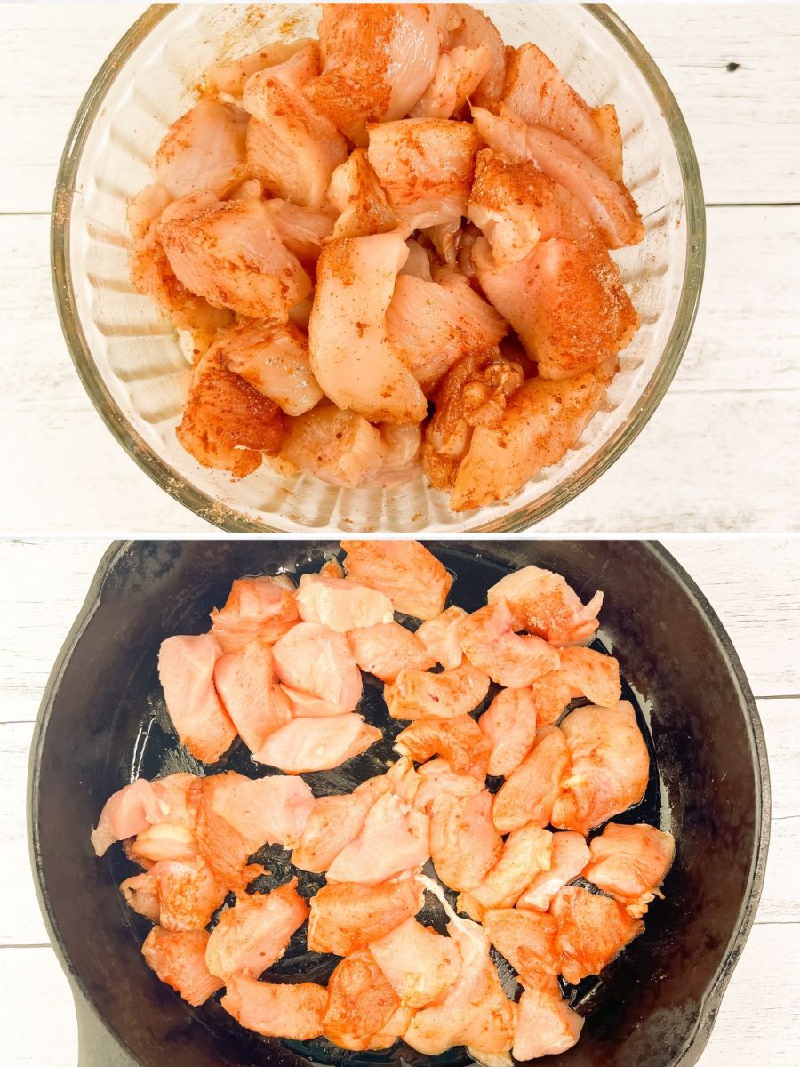 bowl with seasoned chicken pieces and browning the meat in skillet