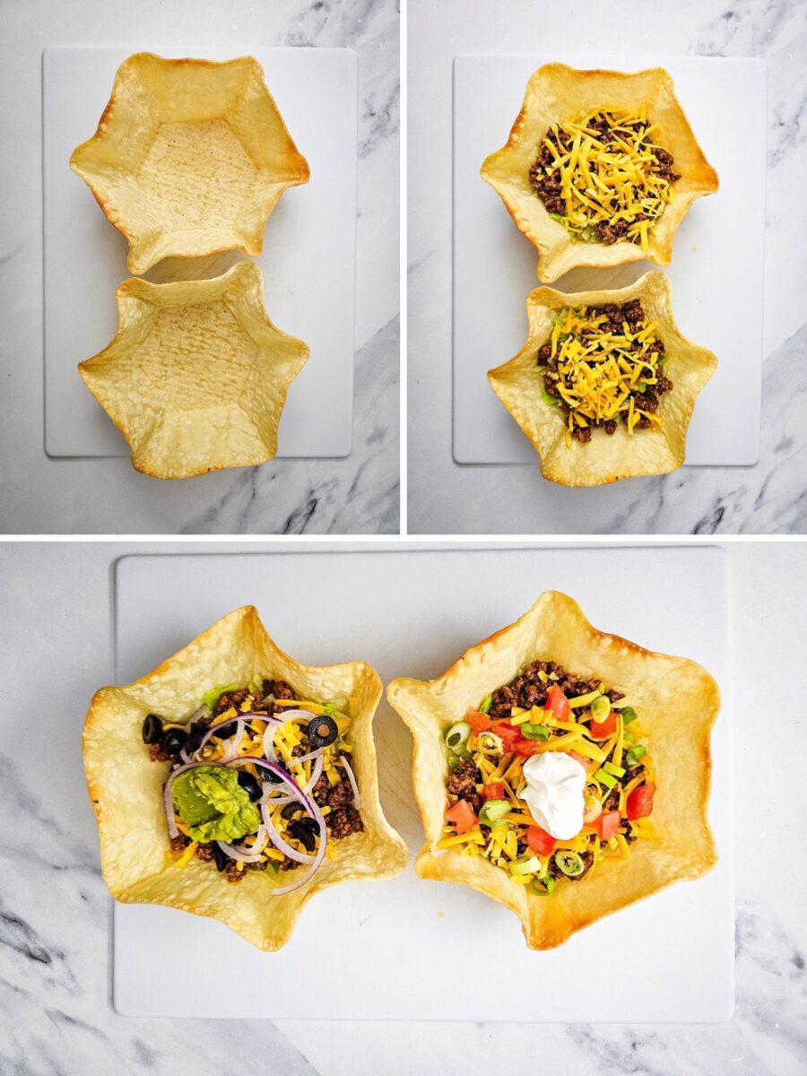 Three-step collage showing baked tortilla bowls, lettuce with seasoned beef and cheese, and the finished salads with toppings.