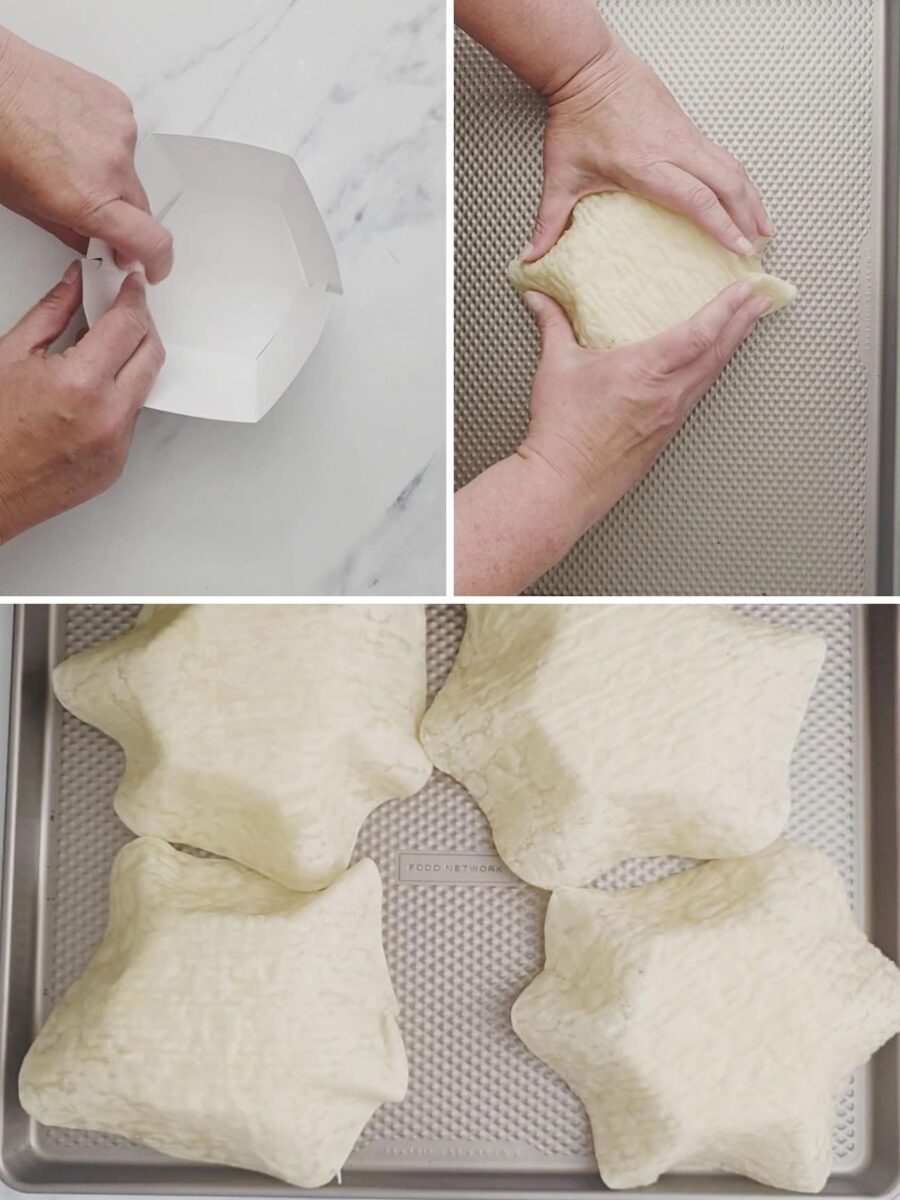 Hands assembling a paperboard form and shaping an unbaked shell over it, with four shaped shells on a baking sheet.