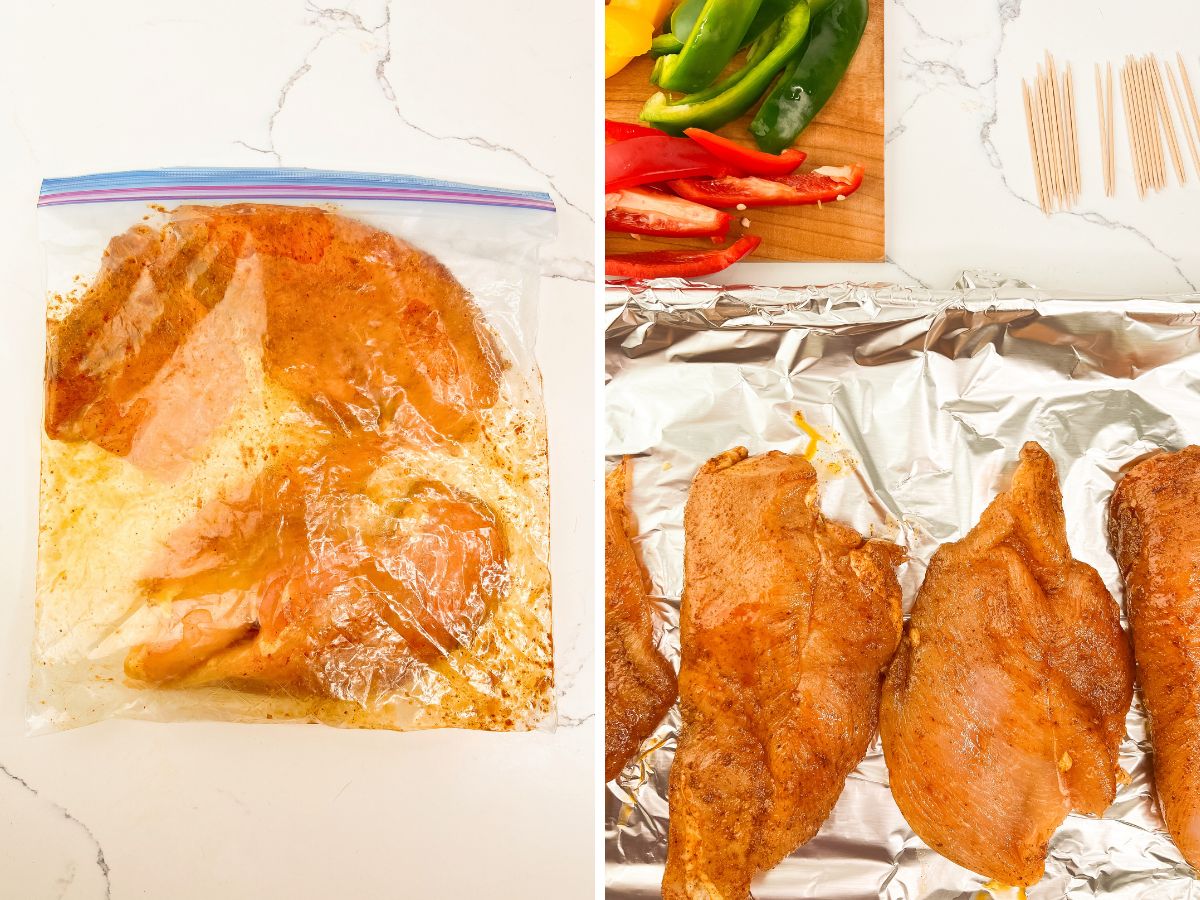 chicken marinating and prepping the fajita rolls