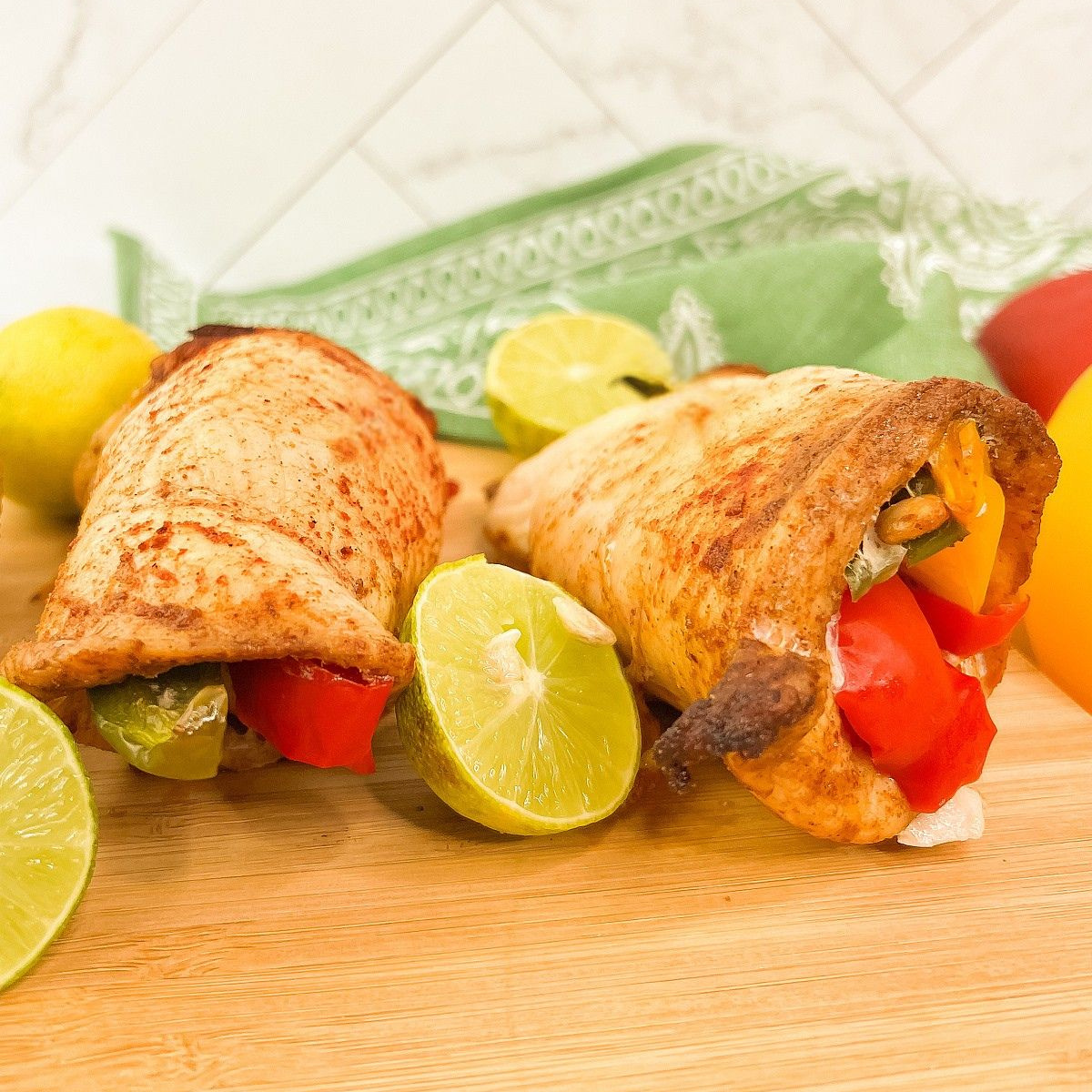 Two golden-brown baked chicken fajita rolls rest on a light wooden surface next to lime wedges and colorful bell peppers. A green and white cloth is draped in the background.