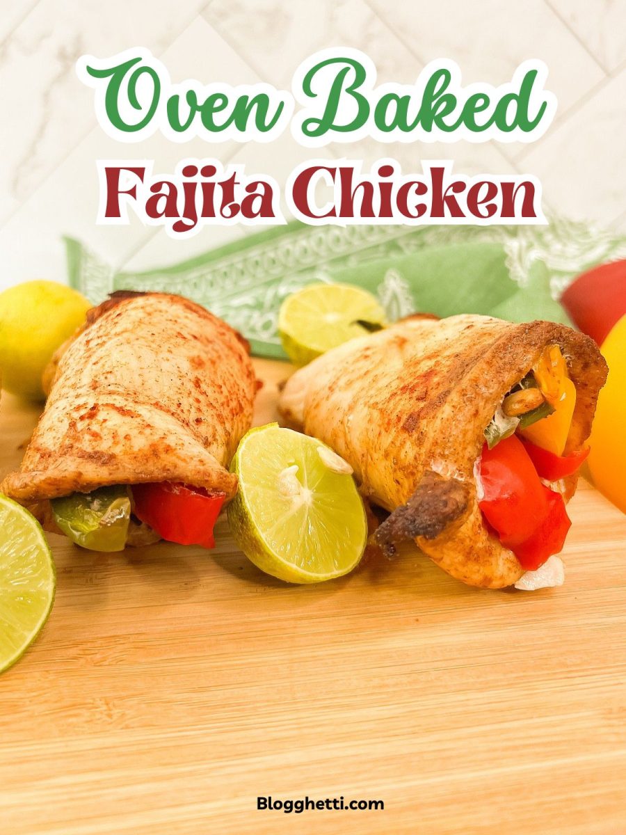Two golden-brown baked chicken fajita rolls rest on a light wooden surface next to lime wedges and a crumpled green and white cloth. The filling of red, yellow, and green bell peppers is visible at the ends of the rolled chicken. The title "Oven Baked Fajita Chicken" is written in a playful green and red script at the top