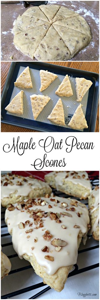 This Maple Oat Pecan Scone is filled with pecans, maple flavorings and then iced with a maple-coffee glaze and then topped with chopped pecans.