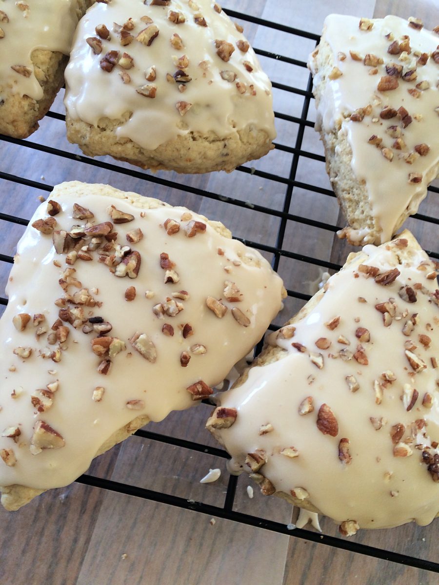 iced maple oat scones with pecans