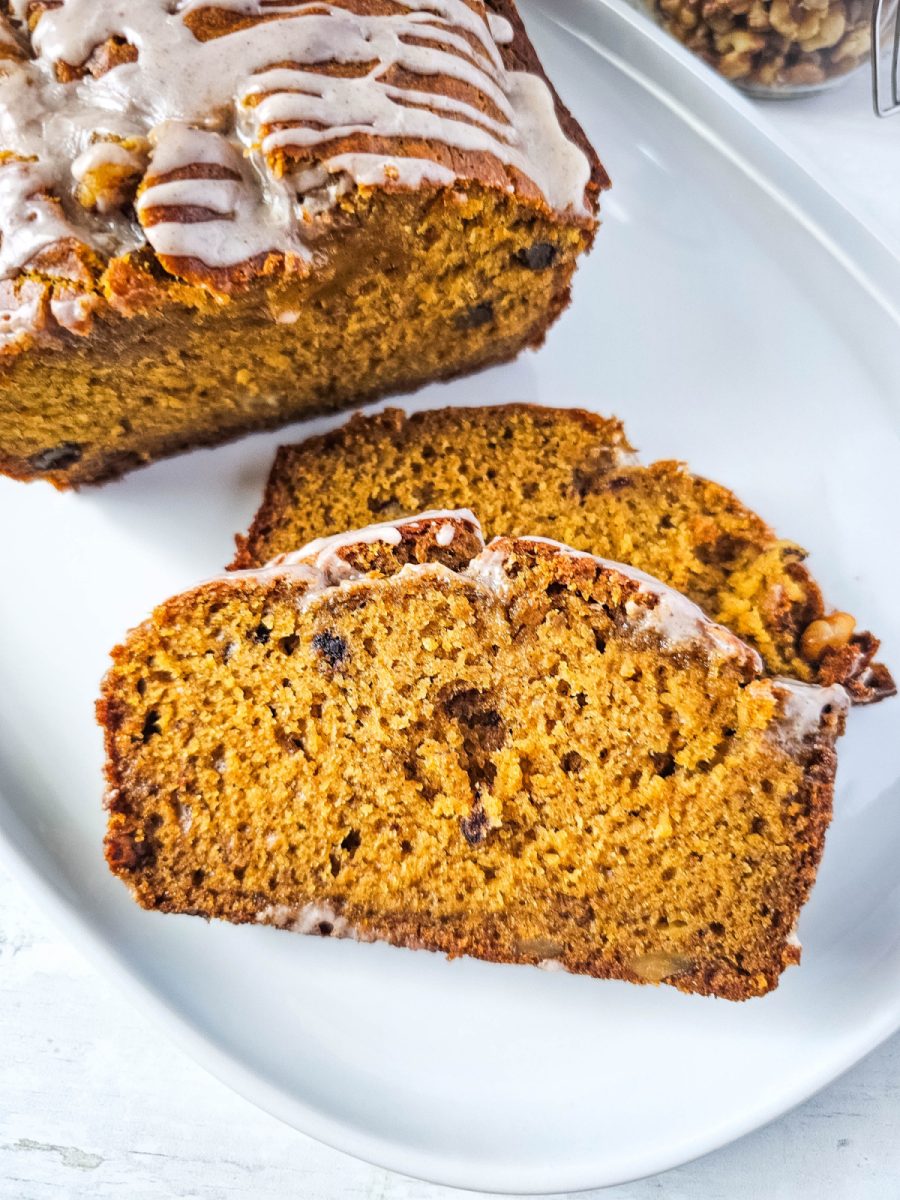 banana and pumpkin bread on platter