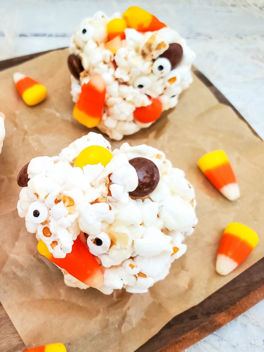 close up of candy popcorn ball for Halloween