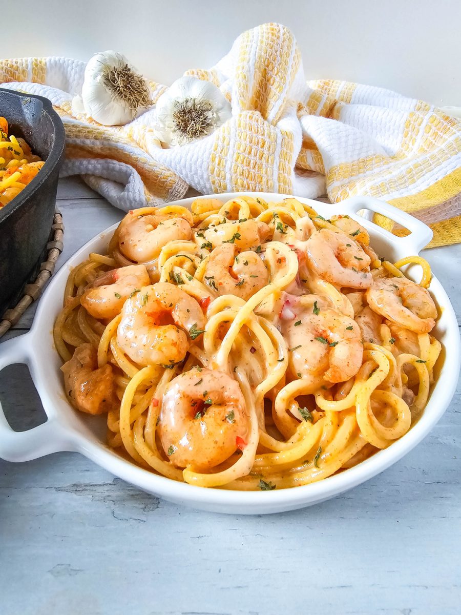 close up of pasta dish with shrimp