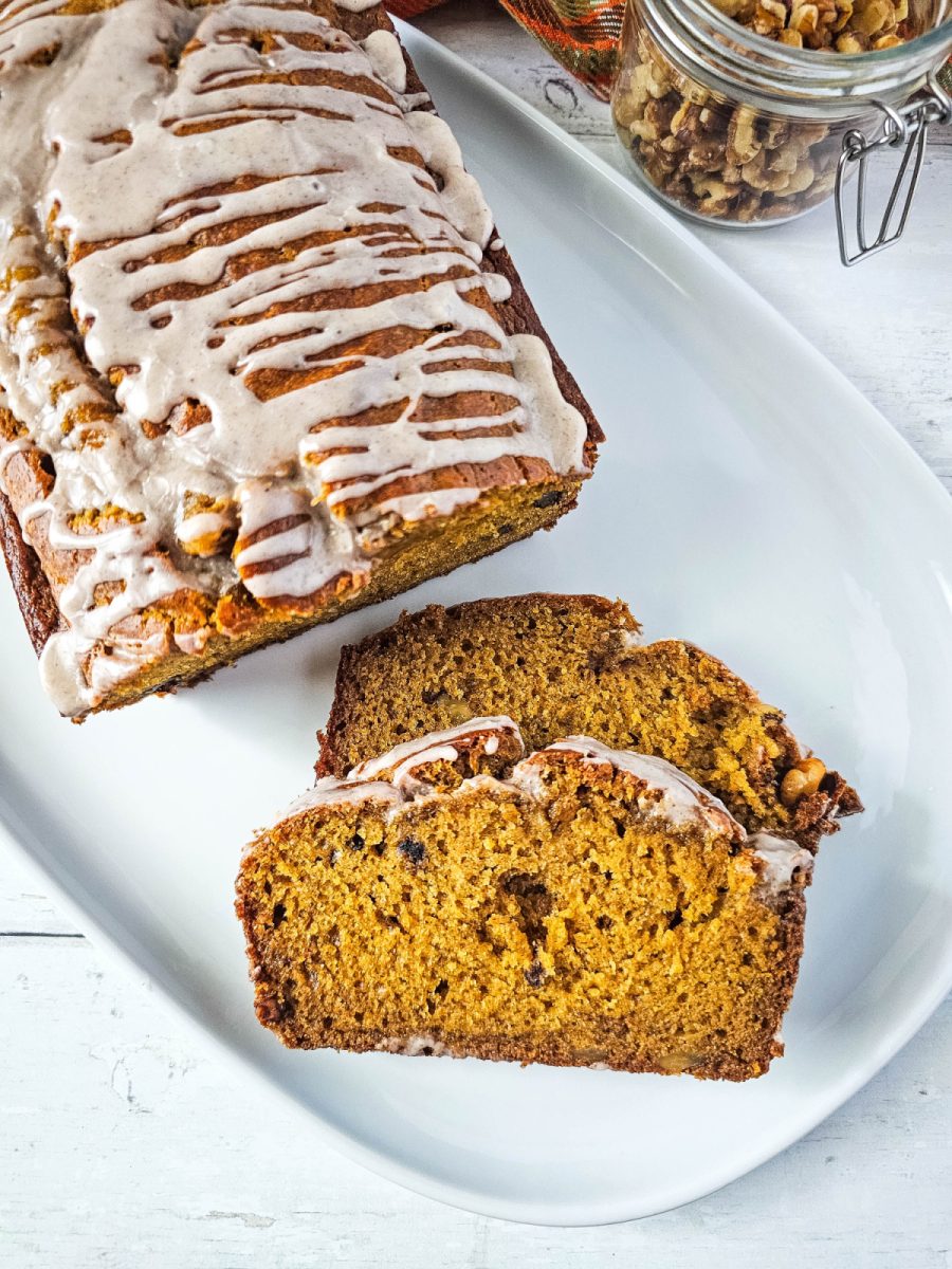 overhead view of pumpkin with banana snack bread