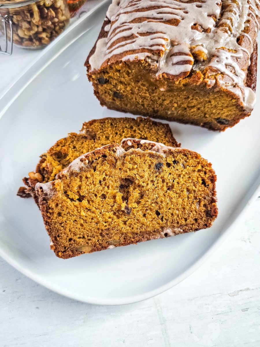 pumpkin and banana bread on platter sliced