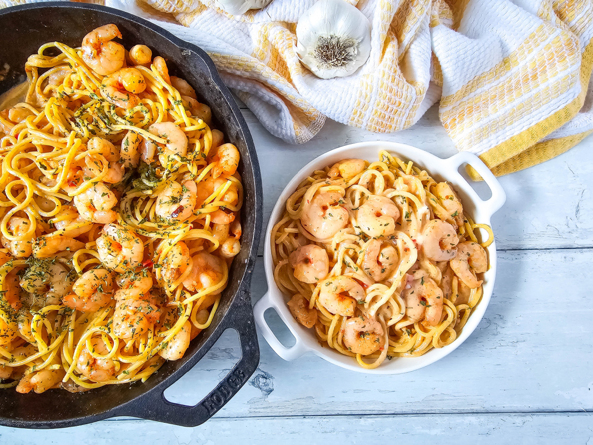 serving of boom boom shrimp pasta in bowl