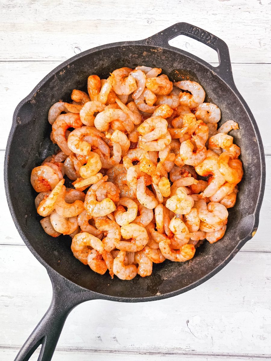 skillet with shrimp ready to cook