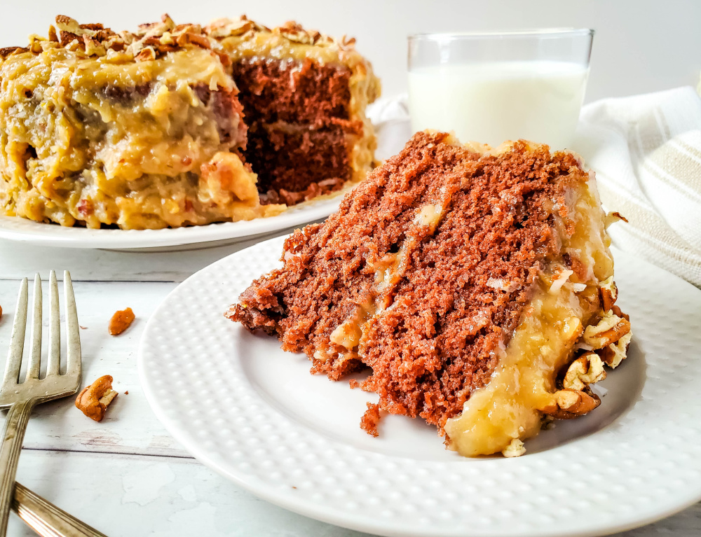 German chocolate cake on plate ready to eat