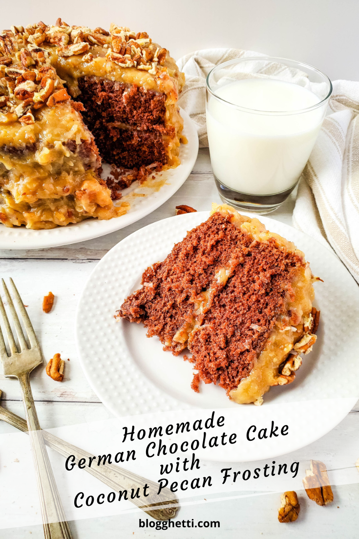 homemade German chocolate cake with coconut pecan frosting image with text